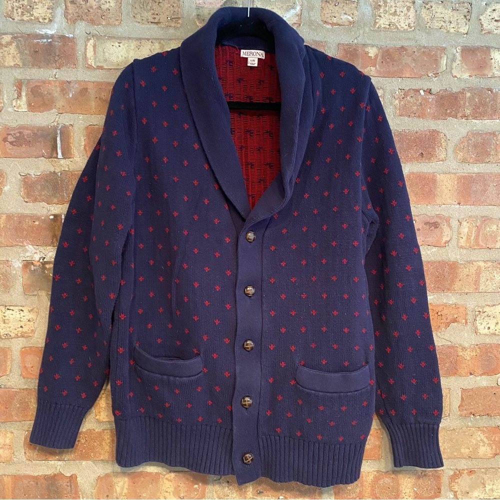 Men’s cotton cowl neck button up navy cardigan sweater 100% cotton navy red